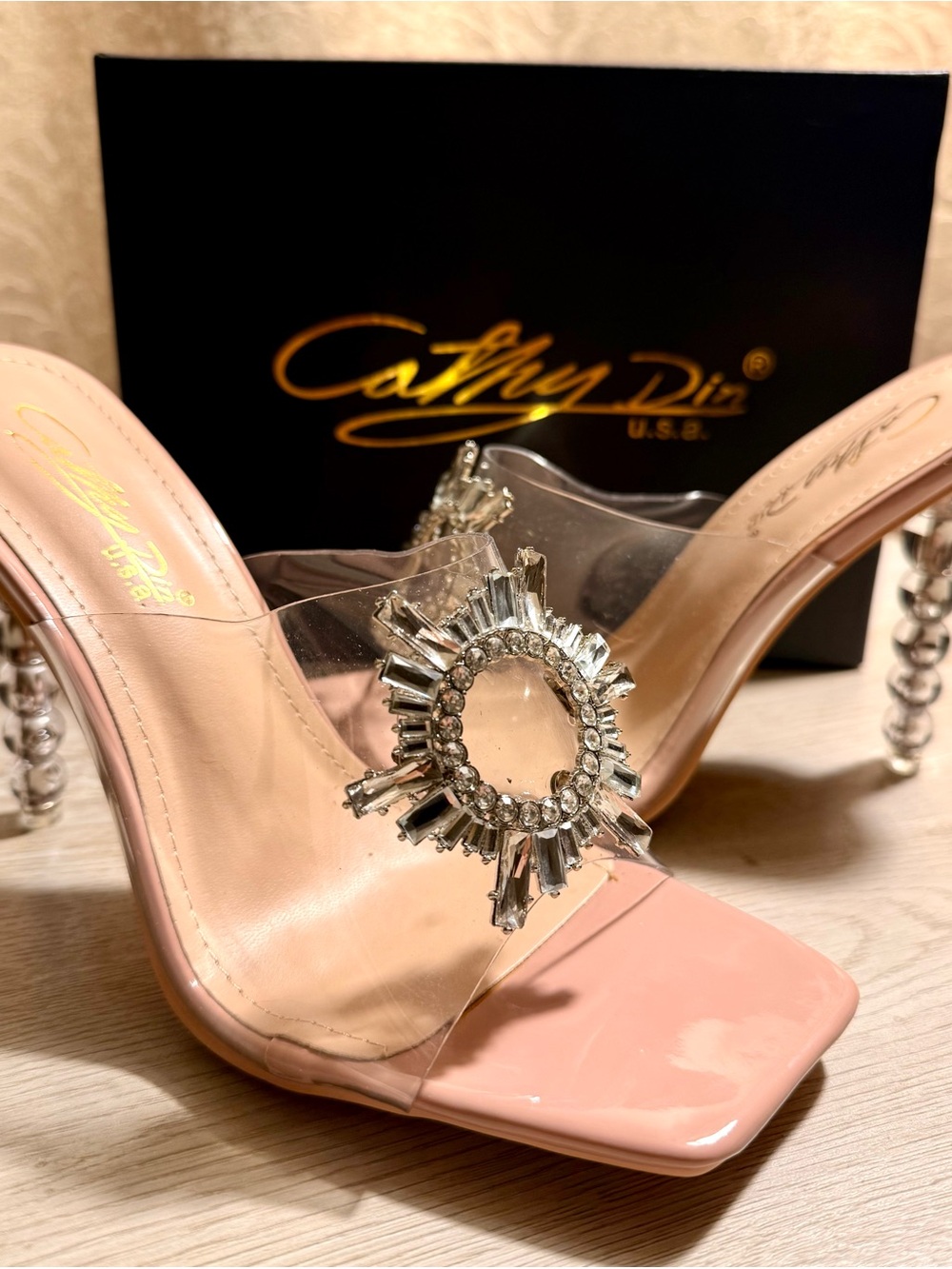 Pink Crystal-Embellished Clear Mule Heel
